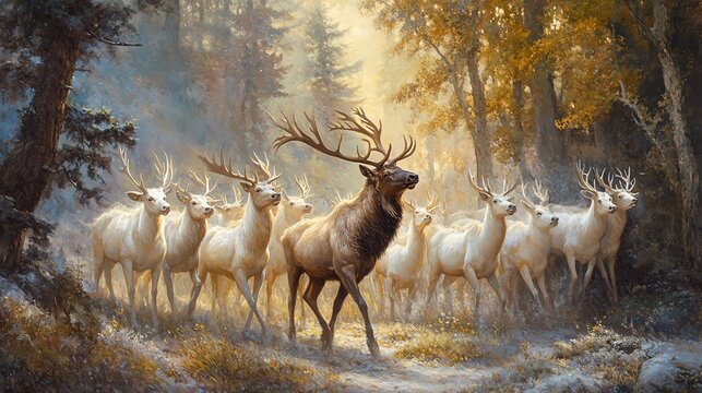 Majestic stag leading a herd of white deer through a sunlit forest, showcasing nature's beauty and serenity.