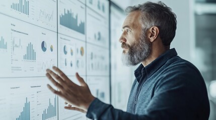 Pro analyzes data insights on large digital charts in modern office. Meeting discussion involving team focuses on strategic business intelligence. Person examines data visuals, trends. Interactive