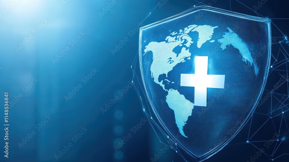 Poster global security shield protecting world map, data protection and digital security in a connected wor
