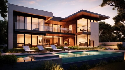 Fototapeta premium Modern Two Story Home With Infinity Pool At Dusk