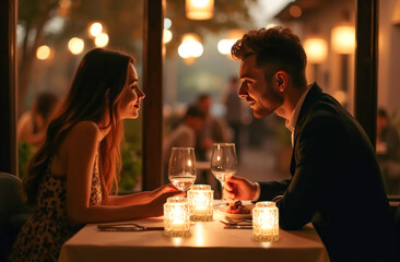 a couple in love, a guy and a girl are sitting at a table in a cafe and talking