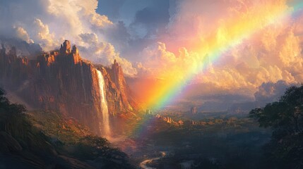 Majestic Waterfall Rainbow Over Fantasy Cityscape