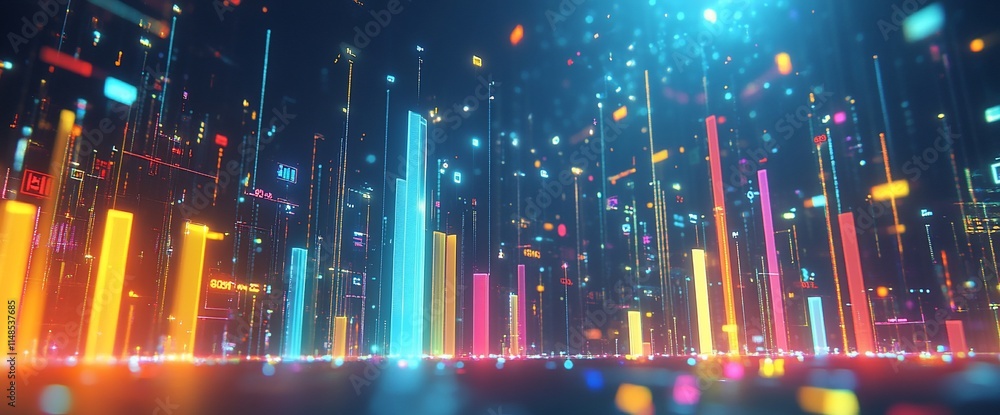 Poster a vibrant digital landscape with colorful vertical bars representing data visualization.