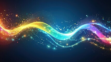 Colorful Glittering Waves Flowing Across Dark Blue Background