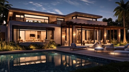 Obraz premium Modern Luxury Home Evening Poolside Illumination