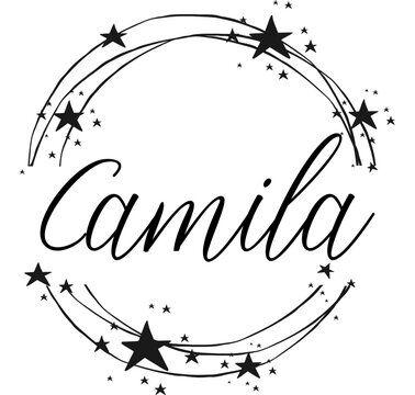 Camila - name written between circles and stars, round logo, vector graphic design for parties and Christmas time, banners, postcards, sweatshirt, prints, cricut, silhouette, sublimation
