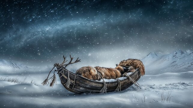 Evenki boat with furs on a snowy landscape under a starry night sky copy space