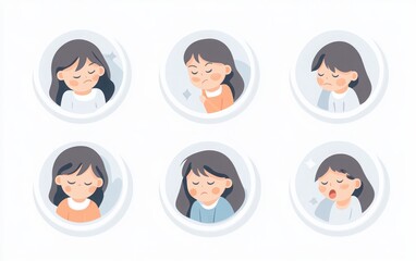 A series of vector illustration icons featuring a female character in different poses and emotions--smiling, happy, sad, and crying. The design is simple and flat with a pastel color palette. 