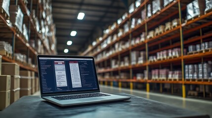 Laptop displays inventory management software. Warehouse background well organized with products on shelves. Modern tech for logistics business. Efficient inventory tracking system. Productivity tool