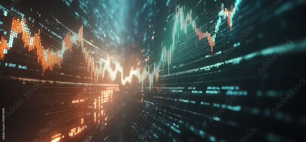 Poster abstract digital visualization of financial data with fluctuating graphs.