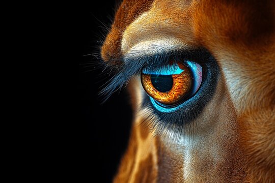 A hyper-realistic close-up of a giraffe eye, capturing the reflection of the savanna in stunning detail