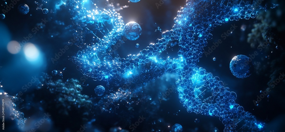 Poster abstract representation of molecular structures and bubbles in a blue environment.