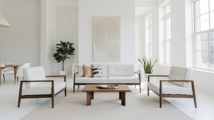 Minimalist Scandinavian interior of a modern living room. There is a white sofa on the parquet floor. There is a ceramic vase, soft cushions and a potted plant in the room. 