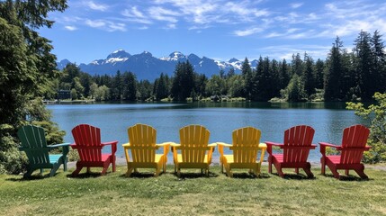 Fototapeta premium Colorful Adirondack Chairs Lakeside Mountain View