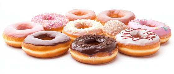 Delicious assortment of colorful donuts with various toppings and flavors, including cho te, sprinkles, and cream. Perfect for dessert lovers and sweet treats