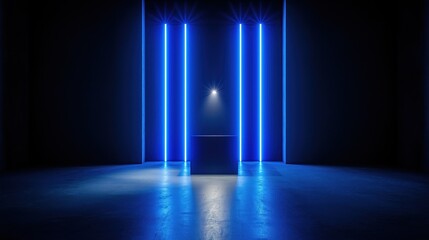 Dark studio room with sleek design. Blue neon lights intersect bright spotlight. Empty platform for product showcase. Futuristic, stylish setting. Empty space for product display. Modern, clean.