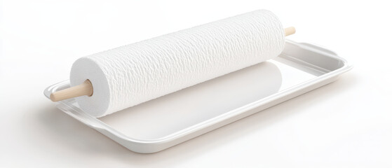 Obraz premium white paper towel roll on tray, ideal for kitchen use and cleaning. This showcases simple yet essential household item, emphasizing functionality and design