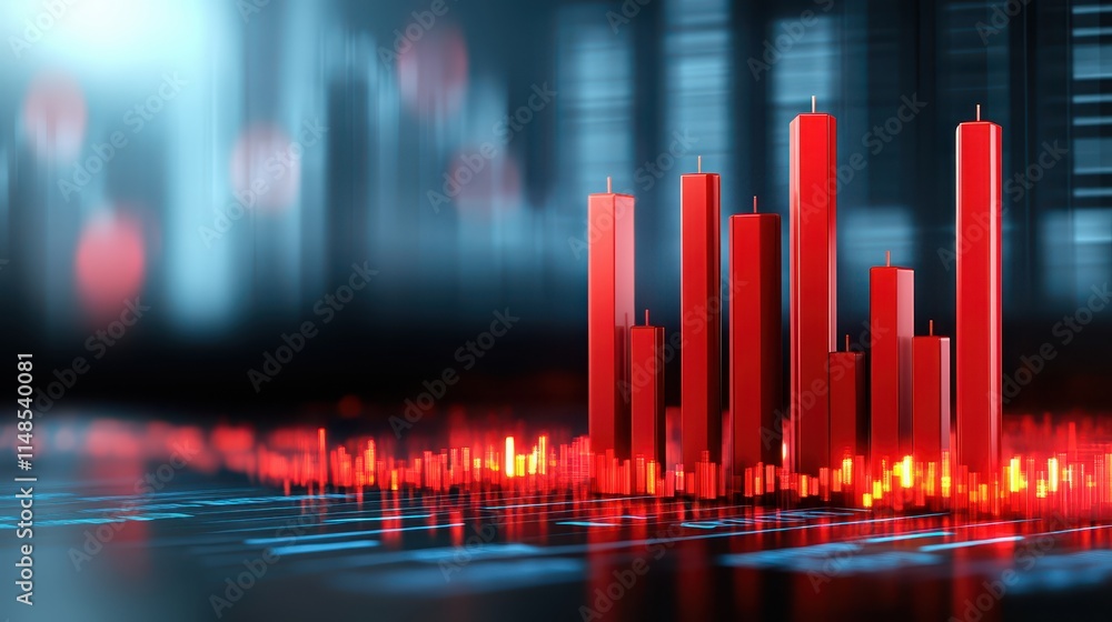 Poster red bar chart on blue background, visualizing growth, progress and data analysis