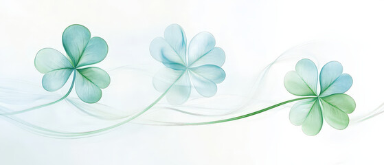 Delicate shamrock leaves in soft hues create serene background, symbolizing luck and nature beauty. Perfect for St. Patrick Day or botanical themes