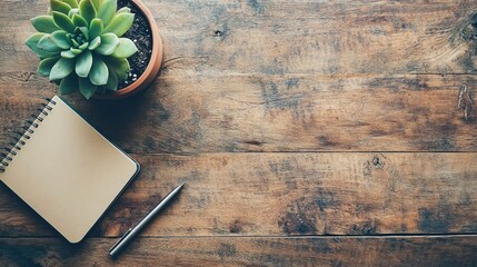 Wooden Tabletop with Succulent Plant Notebook and Pen