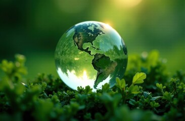 Glass model of the planet Earth, plants, forest, greenery, ecology