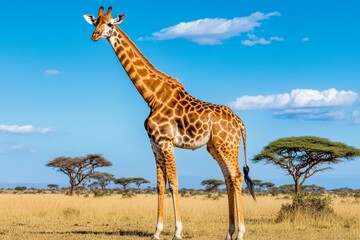 Obraz premium A majestic giraffe standing tall in the African savanna, with a backdrop of acacia trees and a golden sunset