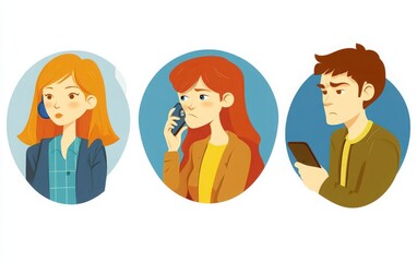Set of flat vector illustrations of people talking on the phone, featuring circular shapes. The icons show a light-red-haired woman holding a mobile phone
