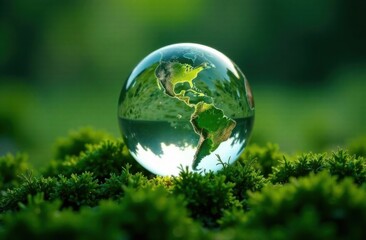 Glass model of the planet Earth, plants, forest, greenery, ecology