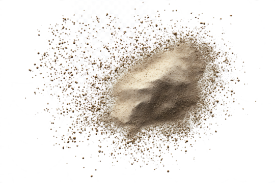 3D rendering of scattered sand granules or fine dirt on transparent background