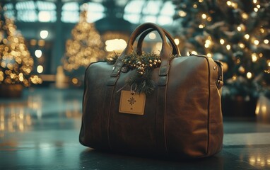 A rustic leather travel bag, adorned with festive greenery and a snowflake tag, sits against a bokeh background of twinkling Christmas lights. Perfect holiday getaway!