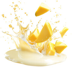 Splashing mango chunks in creamy liquid kitchen food photography bright lighting high angle refreshing summer concept