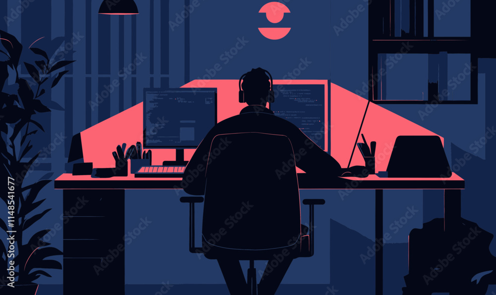 Poster minimalist flat vector illustration of hacker at computer for cybersecurity and it content