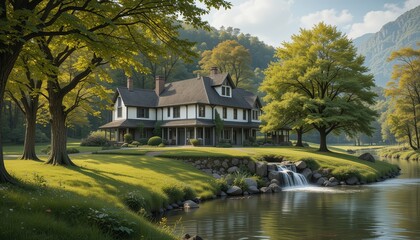 Fototapeta premium Photo of a villa in the middle of a tropical forest, green atmosphere and a natural looking river, suitable as a place to relax from the saturation of the city.