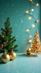 Obraz premium Close up Empty podium for vertical product placement on mobile, 3D mockup showcase rendering, Merry Christmas green background with snow and magic bokeh, emerald colors with tree and golden light