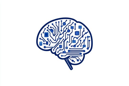 A modern geometric logo design of a brain filled with tiny circuit lines and gaming icons, rendered in gradient blue tones on white