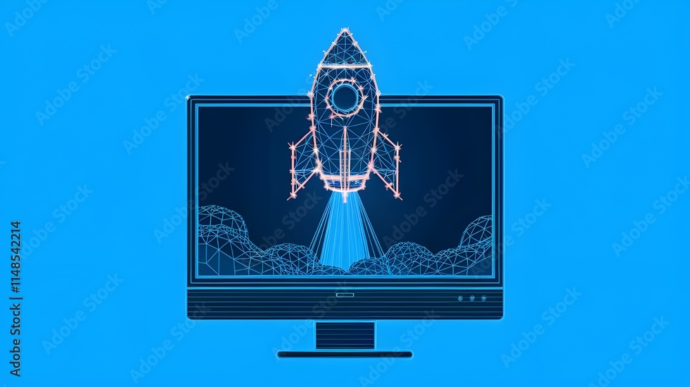 Poster digital rocket launching from the computer monitor screen. abstract spaceship consist of polygons, c