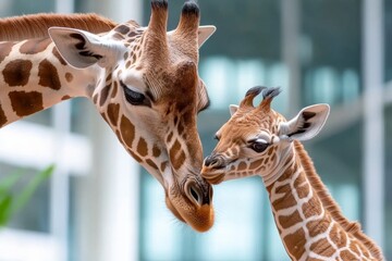 Obraz premium A mother giraffe nuzzling her calf in a tender and heartwarming moment captured in the wild