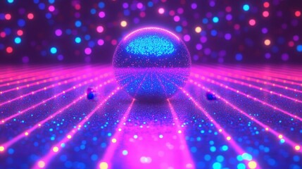 Futuristic glowing blue sphere reflecting neon pink grid lines, digital technology concept for technology background, cyberpunk theme, abstract lights, modern innovation design, vibrant energy displa