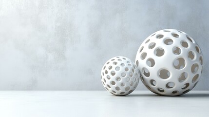 White spherical hollow balls with circular holes, modern decorative objects on clean surface, minimalist interior design concept, bright neutral background with soft shadows for home decor inspiratio