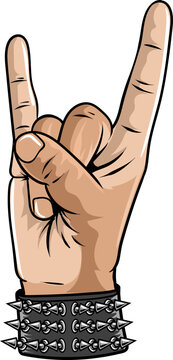 Hand apotropaic horn gesture for heavy metal emblem in vector cartoon illustration