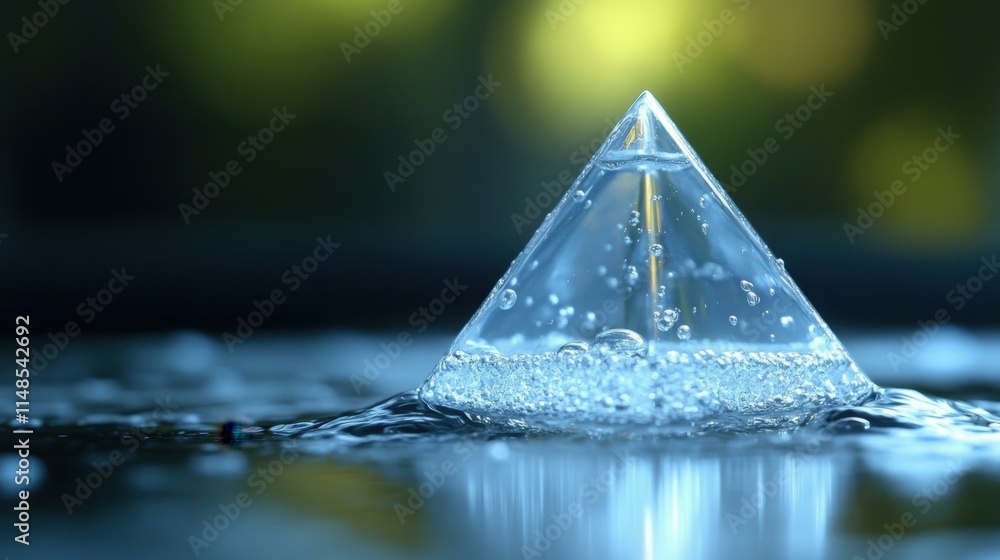 Poster clear glass pyramid with water droplets on surface reflecting light, close-up macro photography for 