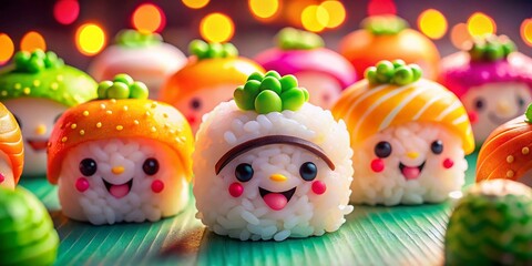 Obraz premium Adorable 3D Sushi Aerial Photography: Cute Kawaii Food, Fun Sushi Faces, Overhead View
