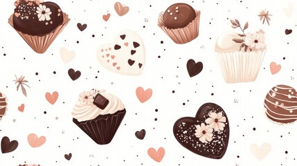 Sweet Romance Valentine Seamless Pattern with Chocolate Truffles, Hearts, and Florals in Pink and Cream Tones