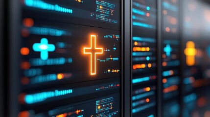 Digital cross symbol on screen, exploring the intersection of faith and technology in the online world