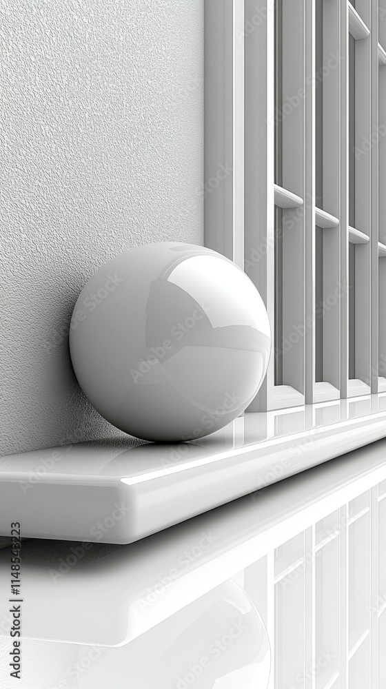 Poster glossy white sphere resting on sleek modern ledge with vertical window bars in minimalistic bright i