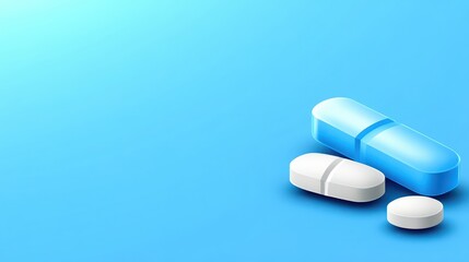 Closeup of pills on a blue backdrop, detailed view of medical capsules for healthcare and wellness