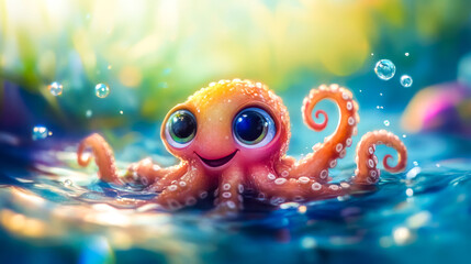 Cute baby octopus with big eyes swimming happily in blue water