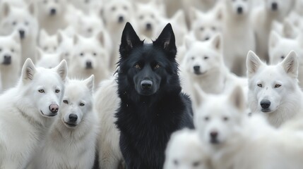 A striking image of a black dog standing confidently among a crowd of fluffy white dogs, showcasing unique contrast.