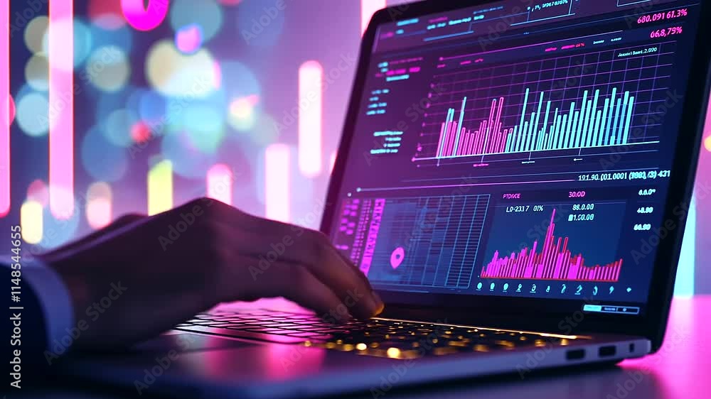 Poster professional hands typing on laptop with ai analytics display