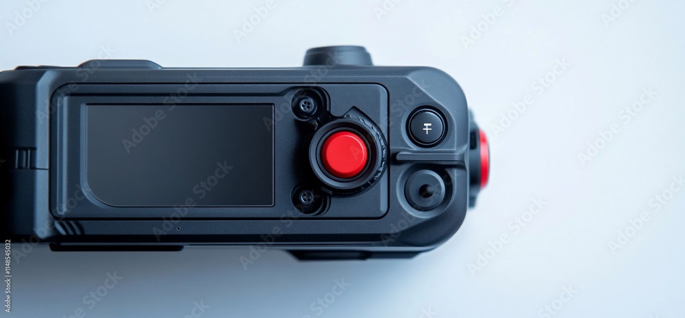 Poster a close-up of a modern camera's top view, showcasing buttons and display.